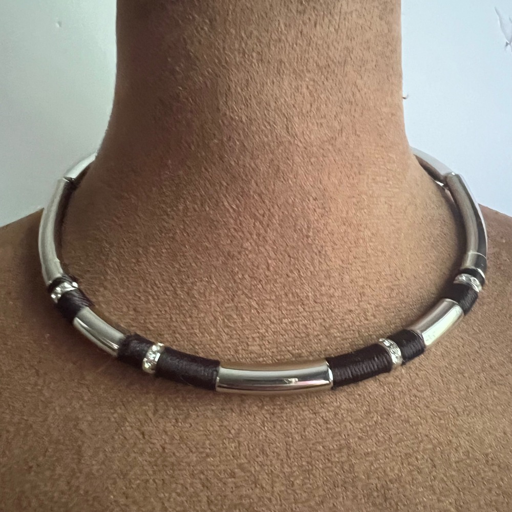 WHBM Silver Black Cord Rhinestone Choker Necklace 16in Eclectic